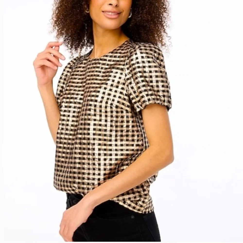 J. Crew Lurex Metallic Gold & Black Plaid Puff Sleeve Top, Size Medium, NWT - Picture 5 of 16